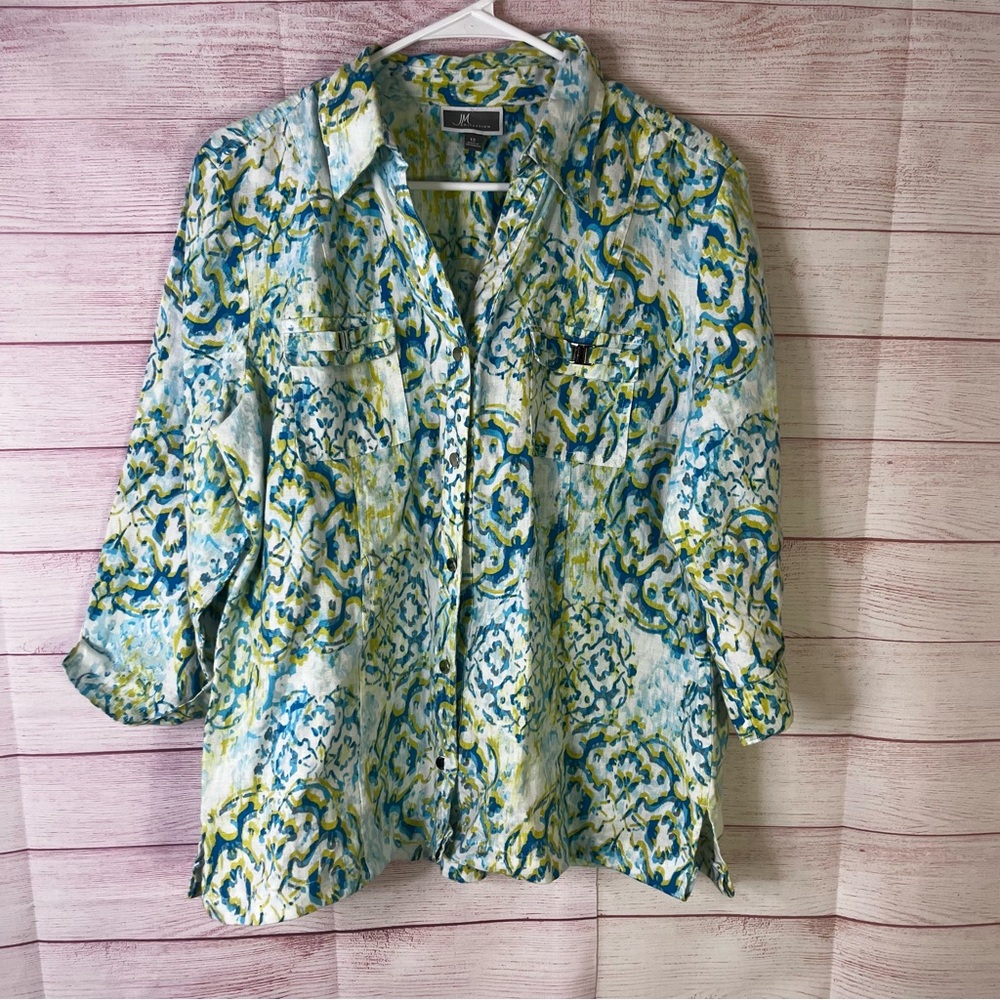 JM Collection 100% Linen Button‎ Up with 3/4” Sleeves Blouse Size 12